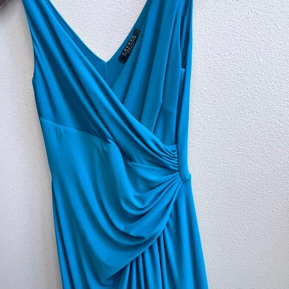 Lauren Ralph Lauren Turquoise V-Neck Drape Ruched Formal Cocktail Midi Dress 4 - Picture 4 of 8